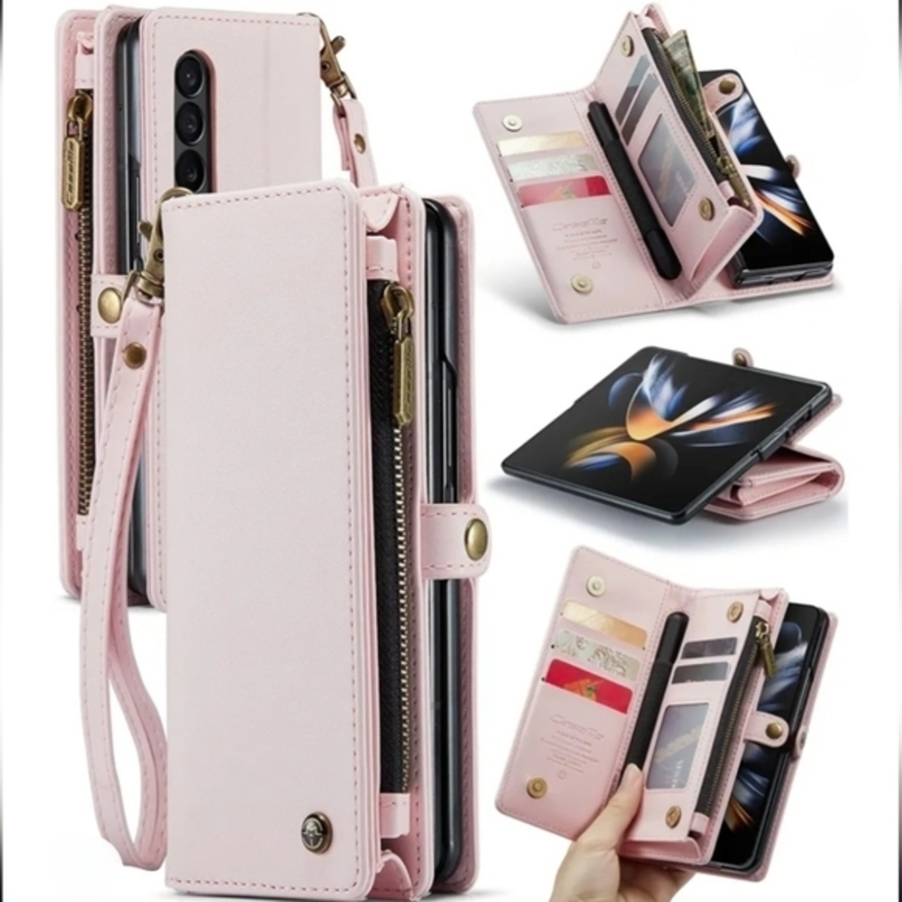 Galaxy Z Fold Wallet Card Holder‎ Phone Case/Crossbody Bag Leather Pink S21 Plus